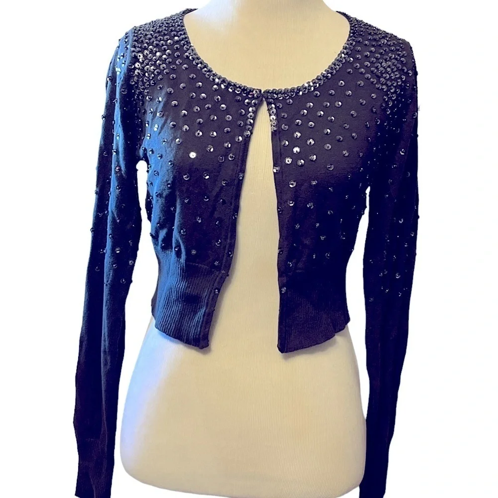 Charcoal gray soft short cardigan sweater with sequins and beads, small